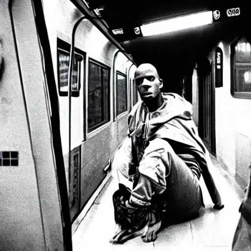 Image similar to homeless lord beerus, 1980s new york subway