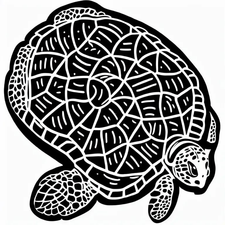 Image similar to simple yet detailed illustration of a warana sea turtle, use of negative space mandatory, artwork created by Mike Mignola and Banksy in the style of a cartoon and tattoo stencil, black ink illustration,no shadings, black on white only, smooth curves