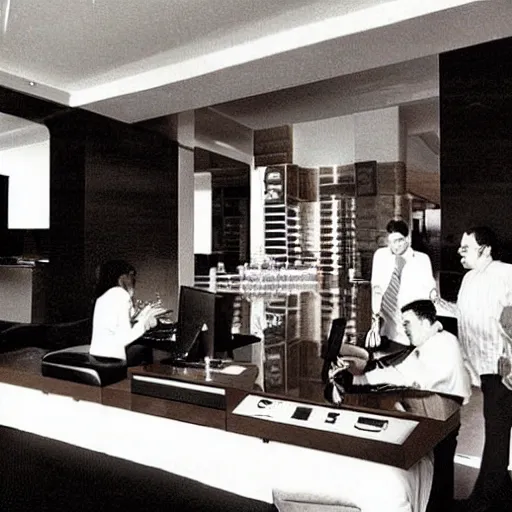 Prompt: a lavish las vegas hotel suite where sad geeks with computers are having a party with drinks, 1990s photograph