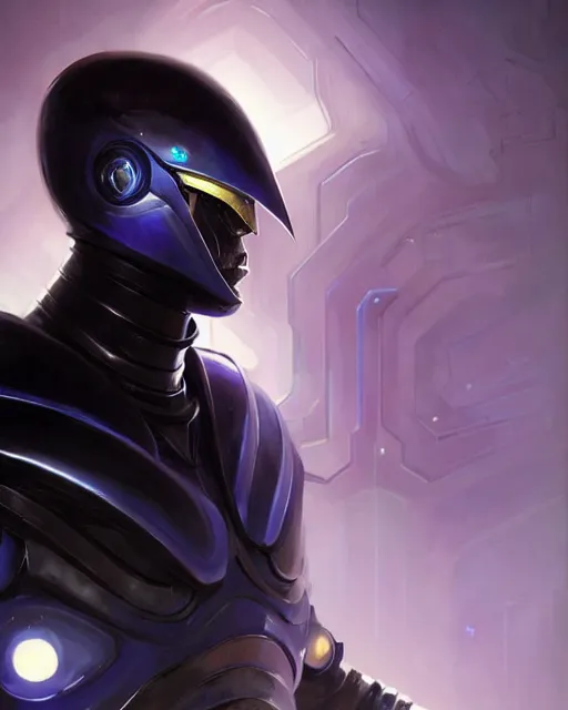 Prompt: character concept of iridescent sinewy smooth muscular male sleek glossy indigo black pearlescent scifi armor with continuous smooth black featureless helmet, by greg rutkowski, mark brookes, jim burns, tom bagshaw, magali villeneuve, trending on artstation