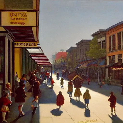 Image similar to Santa cruz main street, early morning with people and children with baloons walking around, eugène de lacroix painting, aesthetic,