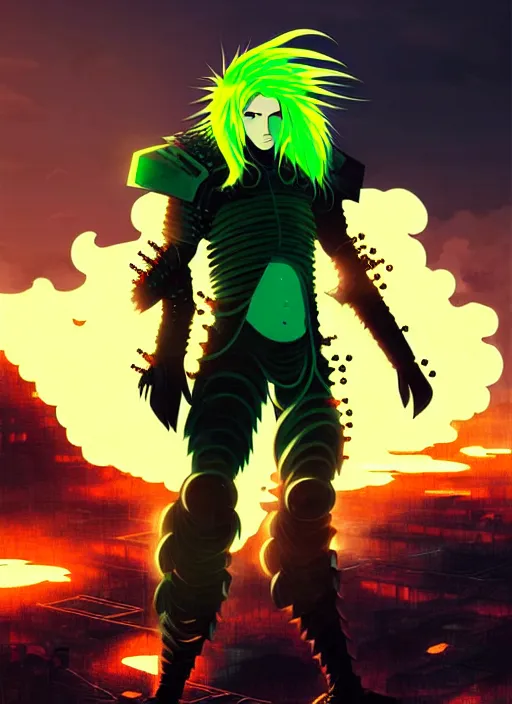 Image similar to a striking cinematic full body manga portrait of a male warrior with long blonde hair and blue eyes wearing evil green spiked cyberpunk armour and standing in the desolate burning ruins of a futuristic city by hirohiko araki and beeple, fine details, digital art, character concept art, volumetric lighting, cinematic light