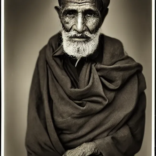 Prompt: black and white photo, portrait of 80 year old afghan man by richard avedon, realistic, Leica, medium format, cinematic lighting, wet plate photography, parallax, high resolution,