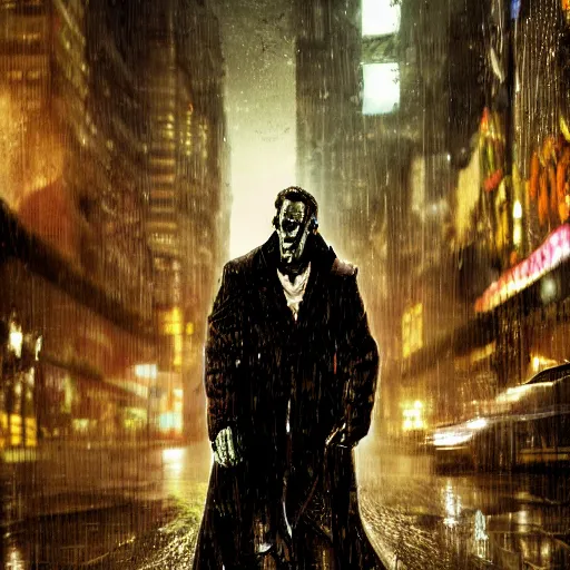 Image similar to frankenstein's monster wearing a trench coat on a wet nighttime street, cyberpunk style, trending on art station, trending on deviantart, 8 k resolution, epic digital art