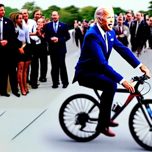 Prompt: ultra realistic photo of joe biden falling off of his bike, film, perfect face, in the style of a candid photo