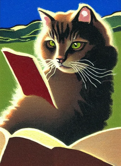 Image similar to an extreme close - up portrait of a cute fluffy cat reading in a scenic representation of mother nature and the meaning of life by billy childish, thick visible brush strokes, shadowy landscape painting in the background by beal gifford, vintage postcard illustration, minimalist cover art by mitchell hooks