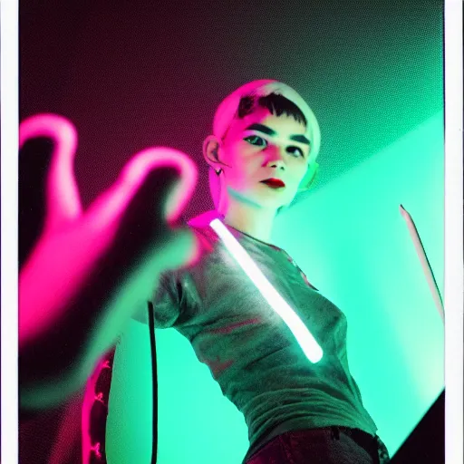 Prompt: grimes on stage djing, volumetric neon lights in the background, gleaming, 3 5 mm photography, portrait!!!!!!