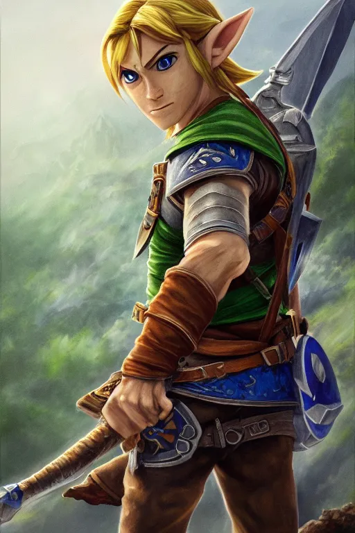 Image similar to Link from Zelda oil on canvas, intricate, portrait, 8k highly professionally detailed, HDR, CGsociety