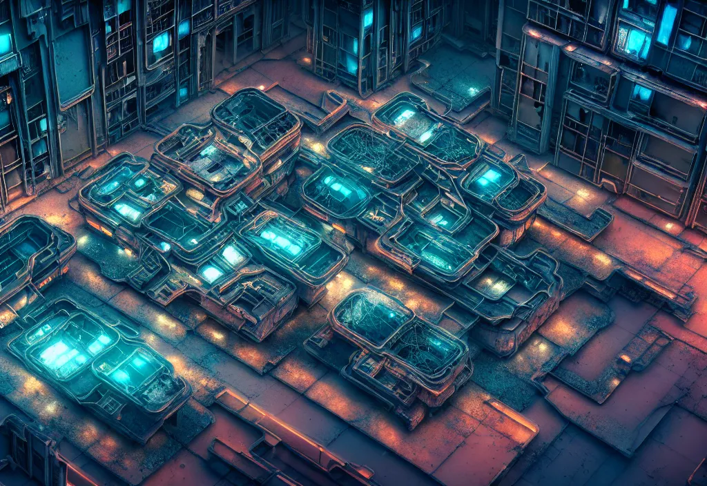 Image similar to A highly detailed crisp unreal engine render of aerial drone photo of A beautiful futuristic cyberpunk abandoned city building with neon fine lights, plants allover , godray, sunlight breaking through clouds, clouds, debris on the ground, abandoned machines bright colors, isometric, nitid horizon, factory by wangchen-cg, 王琛,Neil blevins, artstation, Gediminas Pranckevicius