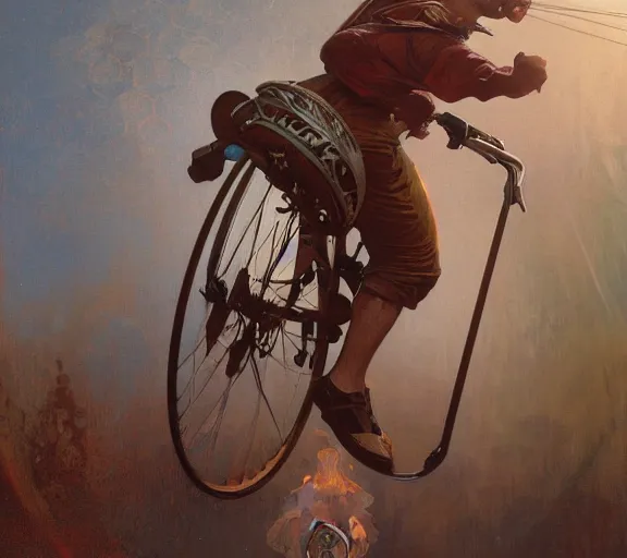 Image similar to Ben Shapiro riding a unicycle, sigma male, accurately portrayed, portrait art by alphonse mucha and greg rutkowski, highly detailed, digital painting, concept art, illustration, dim lighting with twilight rays of sunlight, trending on artstation, very detailed, smooth, sharp focus, octane render, close up