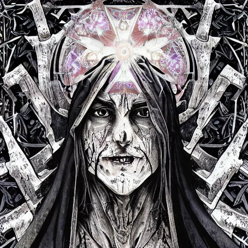 Image similar to 4K headshot portrait of godlike Warlock of Nazareth with defined arms and open hands and bloody clothes with giant mandala wings , intricate face , flawless anime cel animation by Kentaro Miura, psychedelic , highly detailed upper body , professionally post-processed , beautiful, scary, symmetry accurate features, epic, octane rendered, anime masterpiece, accurate by Craig Mullins, ilya kuvshinov, krenz cushart, epic , artgerm trending on artstation by Edward Hopper and Dan Mumford and WLOP and Rutkovsky, beksinski carl spitzweg moebius and tuomas kocar, intricate artwork by caravaggio, Unreal Engine 5, Lumen, Nanite