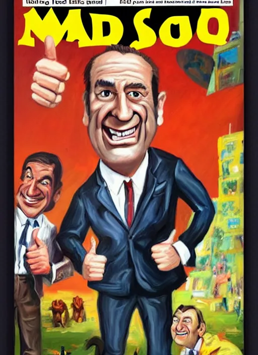 Image similar to mad magazine cover, norman mingo painting, saul goodman smiling, thumbs up, exaggerated proportions, caricature, painterly, visible brush strokes, vintage