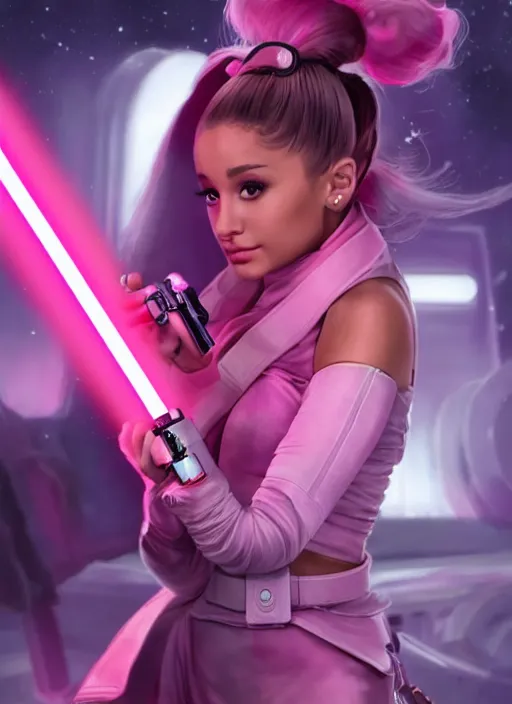 Prompt: An extremely detailed photo of Ariana Grande in the Star Wars universe with two pink lightsabers held in each hand. Maximum detail on artstation, photo realism, vivd details, vivd colour, volumetric lighting. anime art style