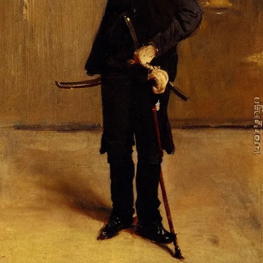 Prompt: full body portrait of a gentleman carrying a cane sword by alfred stevens