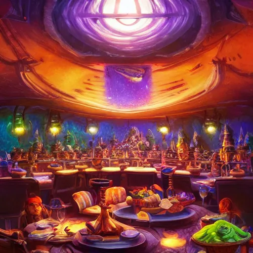 Prompt: The restaurant at the end of the universe, fantasy, vivid colors, elegant, concept art, sharp focus, digital art, Hyper-realistic, 4K, Unreal Engine, Highly Detailed, HD, Dramatic Lighting by Brom, trending on Artstation