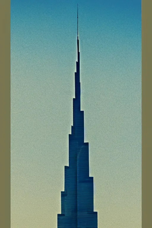 Prompt: a picture of burj khalifa with a sky background, a screenprint by milton glaser, featured on behance, art deco, cyanotype, poster art