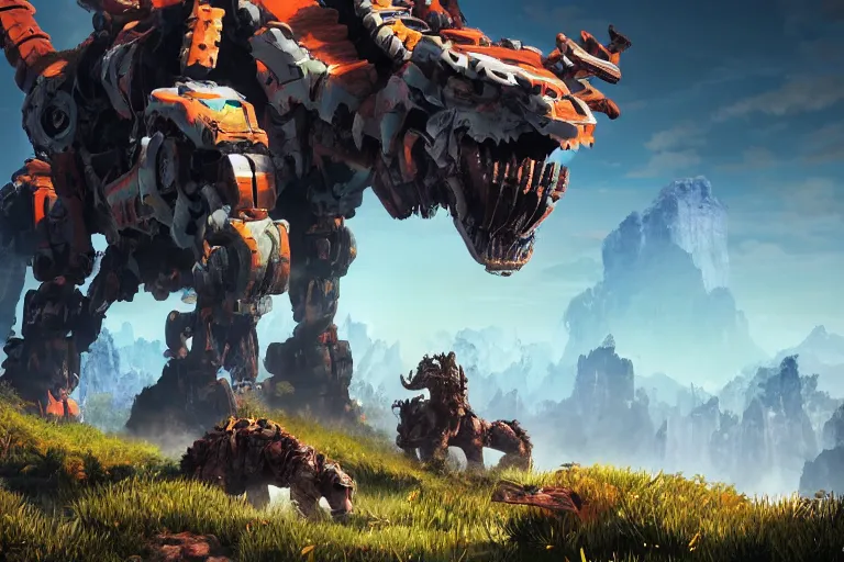 Image similar to tremortusk machine mecha animal beast robot of horizon forbidden west horizon zero dawn bioluminiscence global illumination ray tracing hdr fanart arstation by sung choi and eric pfeiffer and gabriel garza and casper konefal