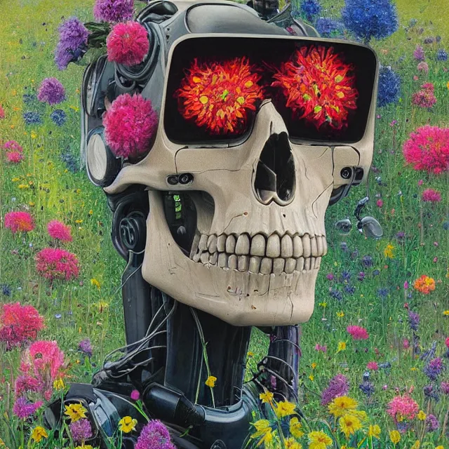 Prompt: a beautiful portrait painting of a cyberpunk robot skull in a field of flowers by simon stalenhag