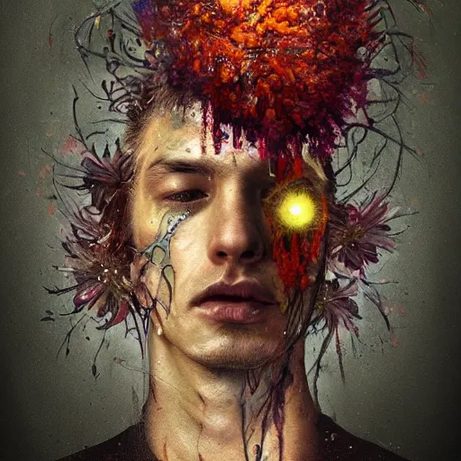 Prompt: art portrait of a man with flowers exploding out of head, cameras, decaying ,8k,by tristan eaton,Stanley Artgermm,Tom Bagshaw,Greg Rutkowski,Carne Griffiths, Ayami Kojima, Beksinski, Giger,trending on DeviantArt,face enhance,hyper detailed,minimalist,cybernetic, android, blade runner,full of colour,