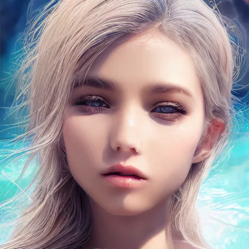 Image similar to a cute girl, photo, ultra detail, photoreal, professionally retouched, soft moonlight lighting, shiny plastic bikini, realistic, smooth face, goddess, luscious lips, perfect eyes, wide angle, sharp focus on eyes, 8 k high definition, insanely detailed, intricate, elegant, art by artgerm and wlop