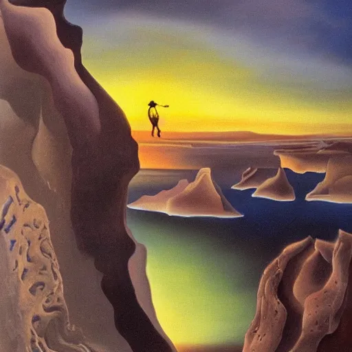 Image similar to An abstract oil painting of rock climbing by Salvador Dali, sunrise, scenic