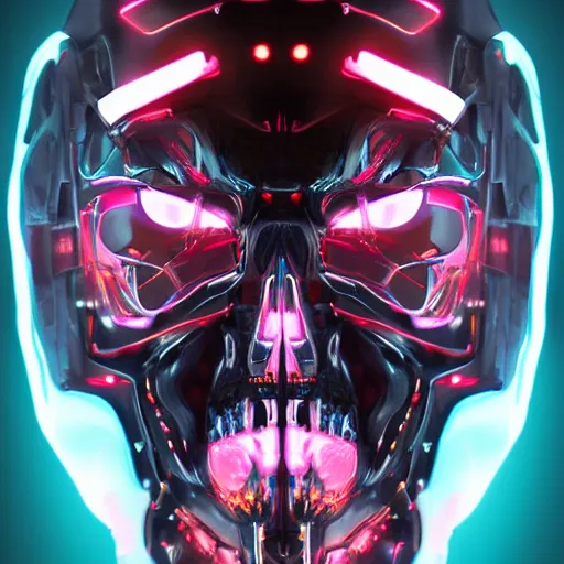 Image similar to full front face centered hyperdetailed portrait of a mecha skull ronin, 8k, digital painting, futuristic, black neon lights, trending on CG society
