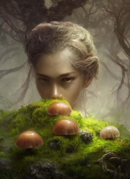 Image similar to Head of a forgotten Deity, translucent mushrooms, moss, extremly detailed digital painting, in the style of Fenghua Zhong and Ruan Jia and jeremy lipking and Peter Mohrbacher, mystical colors, rim light, beautiful lighting, 8k, stunning scene, raytracing, octane, trending on artstation