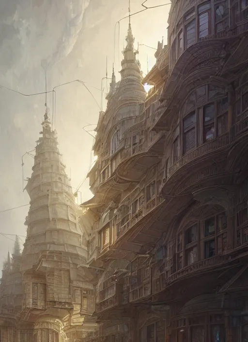 Image similar to a building with a very complicated architecture by mikyoung kim, very detailed, intricate details, complimentary colors, perfect lighting, perfect composition, aesthetic, masterpiece, award winning, artstation, darek zabrocki, greg rutkowski, artgerm, 4 k