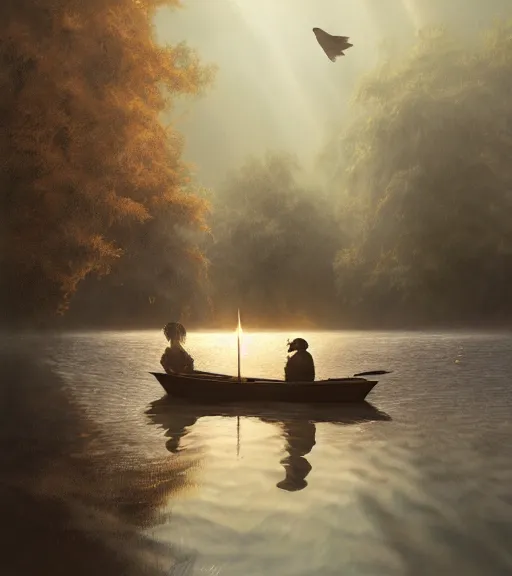 Prompt: three crows in a little boat in a swamp, volumetric lighting, majestic light, octane render, ethereal glare of the sun, hyperrealistic, epic, masterpiece, by greg rutkowski