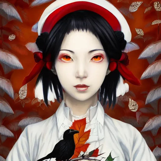 Image similar to portrait of a female crow tengu journalist with short black hair and a tiny red hexagonal hat, wearing a white shirt and a black and autumn leaf patterned skirt, touhou beautiful and detailed digital art, 4 k hd, ross tran, bo chen, rebecca oborn, michael whelan