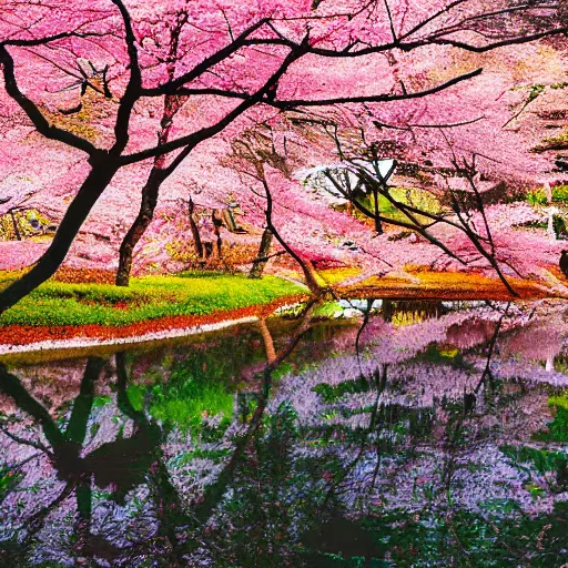 Image similar to an artwork of a landscape of a sakura forest, multicolored