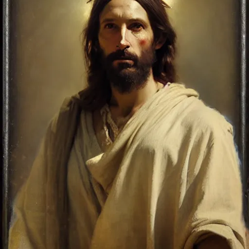 Image similar to photograph imax and solomon joseph solomon and richard schmid and jeremy lipking victorian loose genre loose painting full length portrait painting of jesus