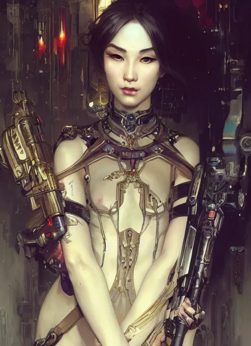 Image similar to portrait of beautiful pale gothic asian maiden, warhammer 40000, cyberpunk, intricate, elegant, highly detailed, digital painting, artstation, concept art, smooth, sharp focus, illustration, art by artgerm and greg rutkowski and alphonse mucha and Gustav Klimt