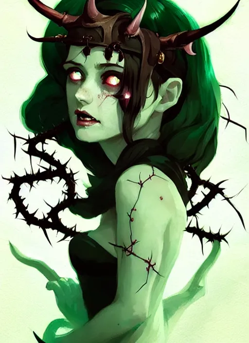 Image similar to cute succubus girl with crown of thorns and horns with runic tattoos, dark fantasy, by atey ghailan, by greg rutkowski, by greg tocchini, by james gilleard, by joe gb fenton, by in kaethe butcher, dynamic lighting, gradient light green, brown, blonde cream and white color in scheme, grunge aesthetic