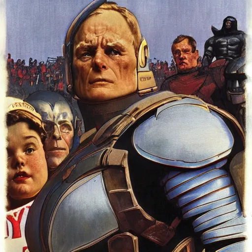 Image similar to style : norman rockwell. composition : close shot. style : digital art ; detailed ; dreamlike ; 4 k. scenery : a coliseum with lots of people in the stands. subject : darkseid, wearing full body armor.