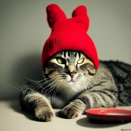 Image similar to A low quality dark photo of a cat with red eyes smoking weed and wearing a beanie, it is very stoned and tired