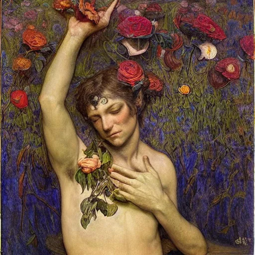 Prompt: the flower prince is dying, by Annie Swynnerton and Diego Rivera and Elihu Vedder, symbolist, dramatic lighting, elaborate geometric ornament, Art Brut, soft cool colors,smooth, sharp focus, extremely detailed, Adolf Wölfli and Donato Giancola