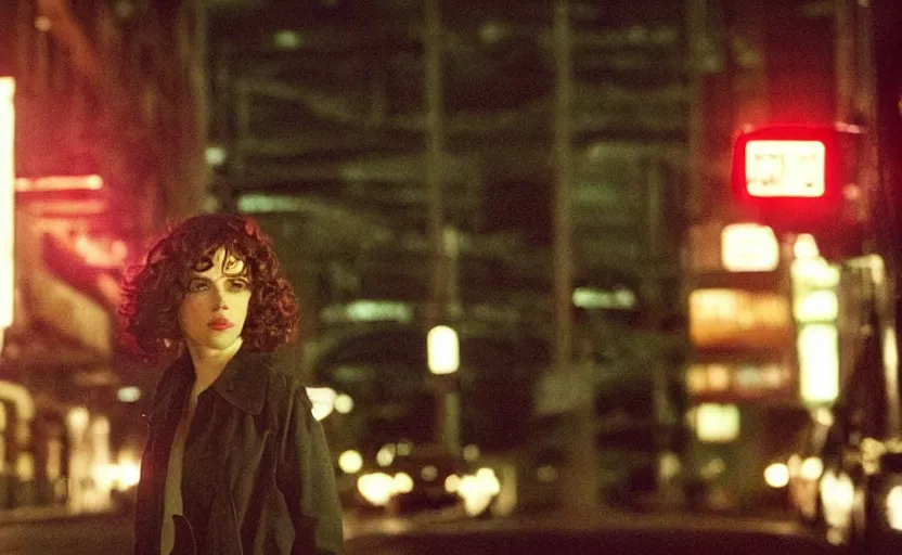 Prompt: “ movie screen shot of under the skin, charismatic scarlett johansson is looking down a street at night, suspense, cinematic, epic, dramatic ”