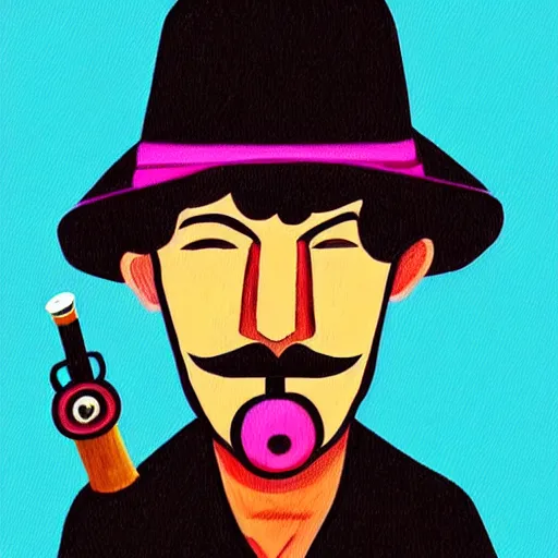 Prompt: a painting of a person with a hat and a pipe, digital art by Gabriel Ba, featured on instagram, psychedelic art, art on instagram, cosmic horror, psychedelic