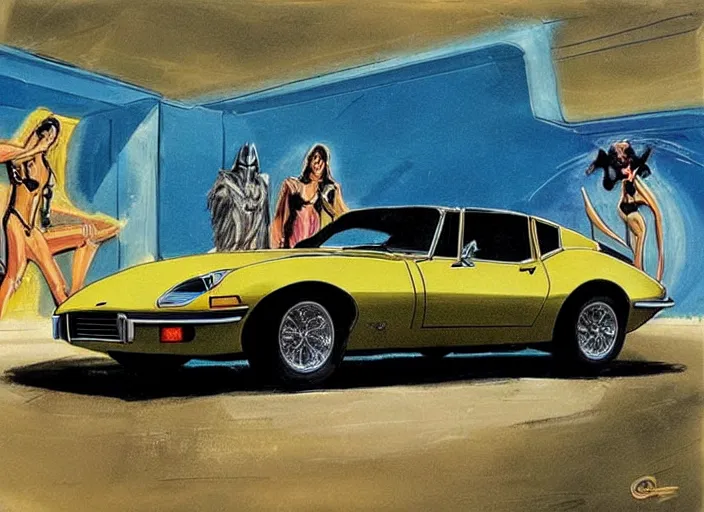 Prompt: kitt 1 9 8 2 pontiac trans am, jaguar e - type. style danger diabolik, star wars, retro, retro futurist. painting by jack gaughan