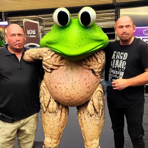 Prompt: Alex Jones standing with frog legs instead of human legs, long human body with frog feet and frog legs and human face, human torso with frog legs
