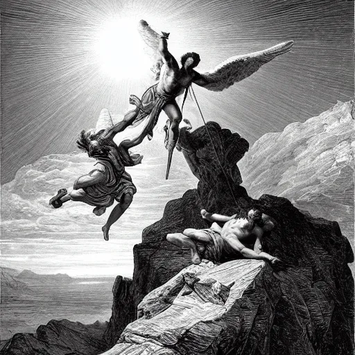 Image similar to A biblical painting of Jacob suplexing an angel at the top of a mountain by Gustave Doré, black and white palette, Scenic, Dramatic, beautiful shore in background, detailed