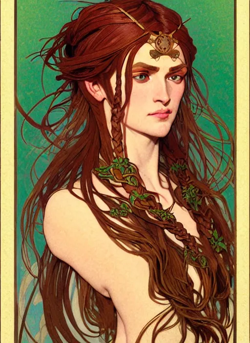 Prompt: portrait of cassandra the trojan prophetess, redgold hair, greek nose, high cheekbones, meditteranean facial features, braided brown hair, green eyes, chiton, high fantasy, dnd, smooth, sharp focus, illustration, by rossdraws, alphonse mucha, frank fanzzeta, collectible card art
