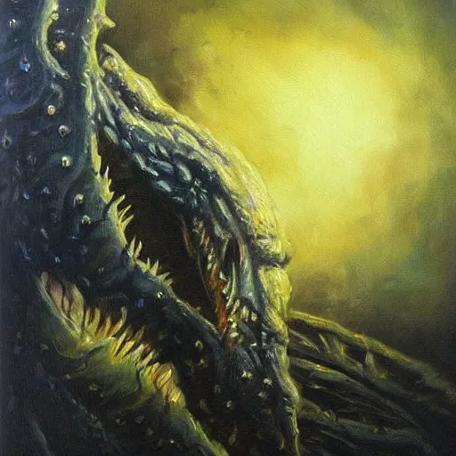 Image similar to Returnal creature monster oil painting fantasy epic, dark, creepy