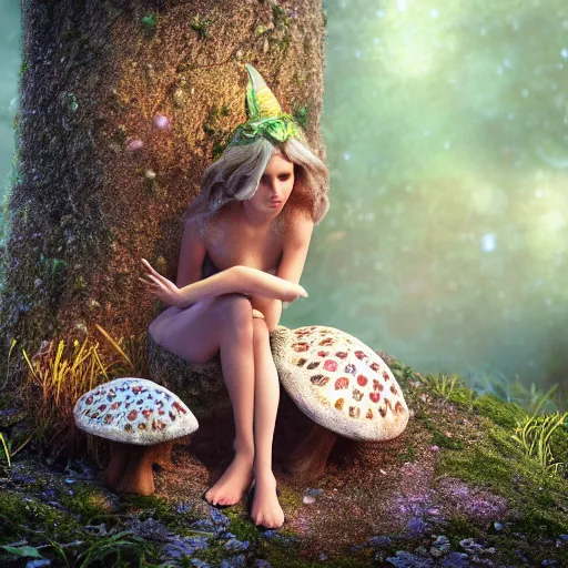 Prompt: a fairy sitting on a toadstool, macro, depth of field, zeiss lens, detailed, symmetrical, centered, fashion photoshoot, by annie leibovitz and steve mccurry, david lazar, jimmy nelsson, breathtaking, 8 k resolution, extremely detailed, beautiful, establishing shot, artistic, hyperrealistic, beautiful face, octane render