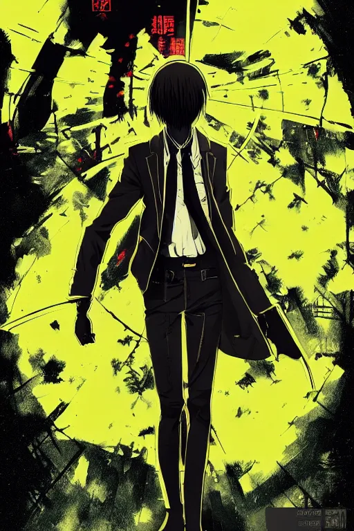 Prompt: professionally drawn seinen mature cyberpunk detective horror action manga comic cover, full color, beautifully drawn coherent professional, drawn by ilya kuvshinov, ilya kuvshinov, satoshi kon, kentaro miura and tsutomu nihei. japanese script kanji hiragana on the cover. simple minimalist stylized cover art. yellow green cel shaded