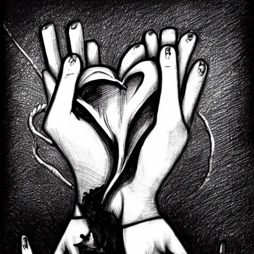 Image similar to drawing of hands ripping a heart into pieces, sadness, dark ambiance, concept by banksy, featured on deviantart, sots art, lyco art, artwork, photoillustration, poster art