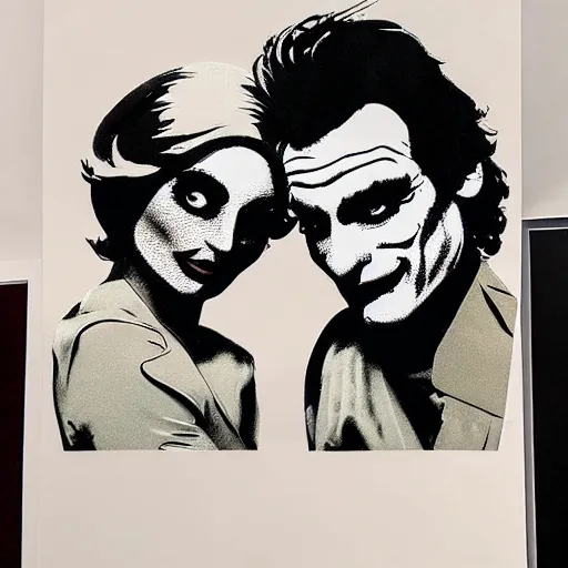 Image similar to mimmo rottela and banksy as joaquin phoenix skinny joker holding hand lady gaga harley queen, very realistic, intricate details, pop art style, concept art, confident, love, random object movement, 3 colours, proportional, warm color, 4 k, ultra smooth, sharp focus