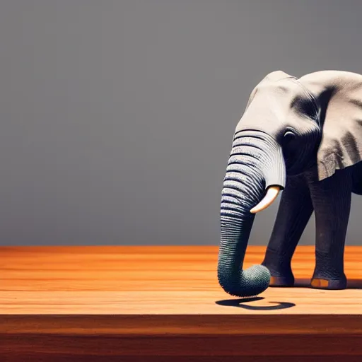 Image similar to product photography, a can of red bull on a table, an elephant is behind drinking the red bull through a straw