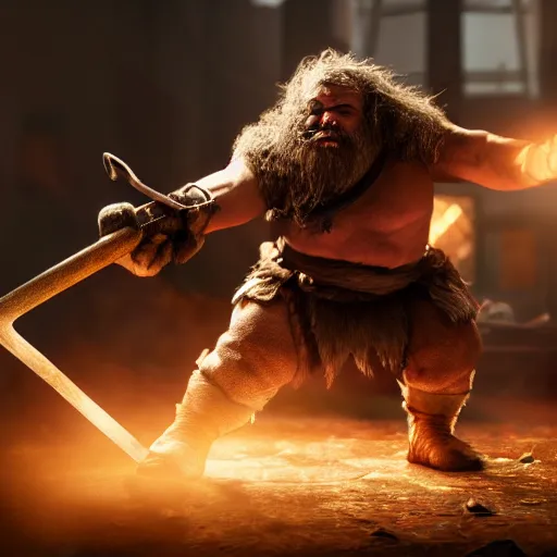 Prompt: a cinematic shot of a dwarf berserker swinging axes, fighting monsters, octane render, hyperreal, 8 k, detailed hands